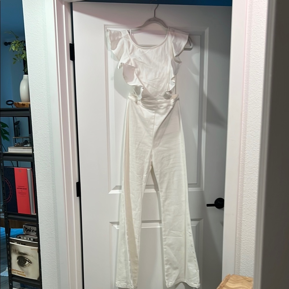 Vici white denim jumpsuit size small.